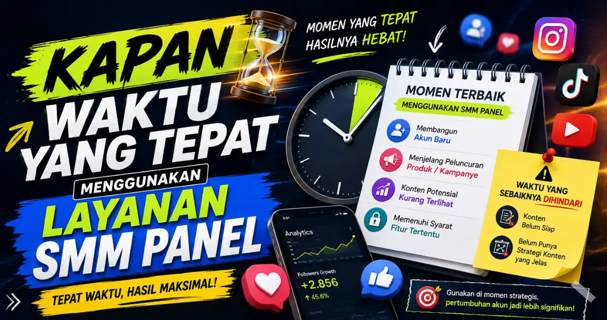 Ilustrasi kalender atau jam dengan ikon media sosial di sekitarnya, menggambarkan konsep timing